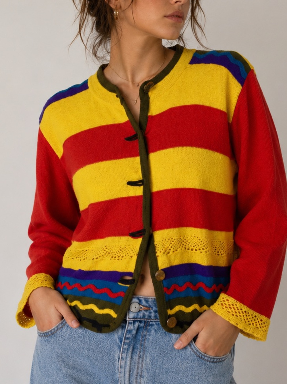 Vintage 90s‎ Colorblock Boho Crochet Cardigan Rainbow Knit Medium Dopamine Artsy